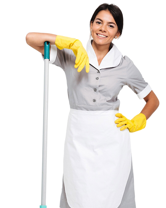 full-length-photo-attractive-brunette-maid-uniform-leaned-mop-while-standing 2